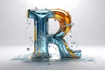 The letter R 3D, made of beautiful and sparkling glass, water drops run down on it, fire style above the letter, a smooth white background.