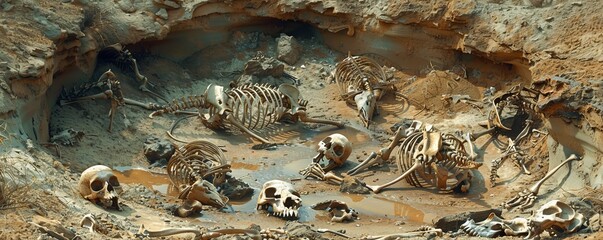 Scattered array of animal skeletons around a drying oasis, depicting loss of wildlife