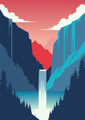 Painting of an impressive light blue water fall in the middle of two mountains, with pure green mosses, creating a majestic ultramarine blue lake, in oil, mixed media style.