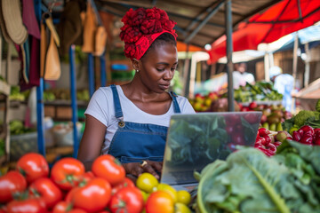 Entrepreneurial African woman working on her laptop amidst fresh produce at a market