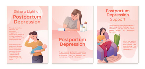 Set of three vector brochures with information about Support for Postpartum Depression. Banner Template Design for New Tired Mothers.
