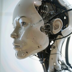 Cybernetic head of robot woman close-up with artificial intelligence connected from cable