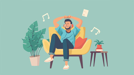 Happy man listening to music at home Vector style Vector