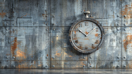 A grey concrete wall with a large, industrial-style clock in silver.