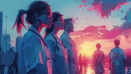 Healthcare Workers Facing a Sunrise in a Metropolis, Symbolizing Hope and Renewal