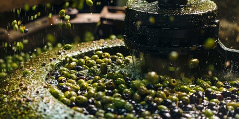 A machine is spraying olive oil on a pile of olives