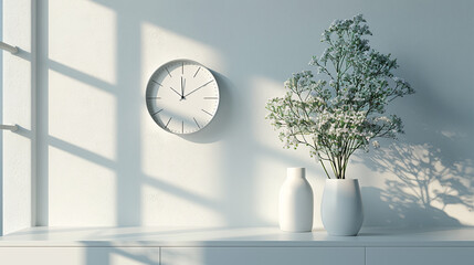 A minimalist, creamy white wall with a sleek, modern clock in silver.