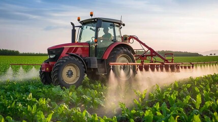 Fototapeta premium Farmer in tractor spraying organic fertilizer on vast corn field at beautiful sunset