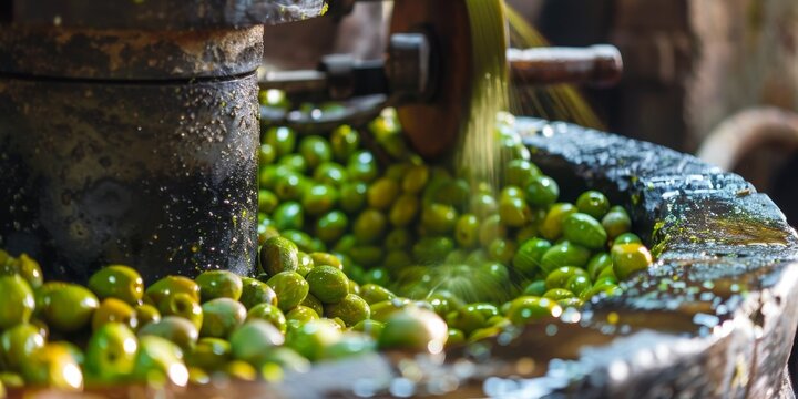 A machine is processing green olives