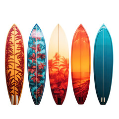 set of surfboards on transparent background, clipping path, png, 