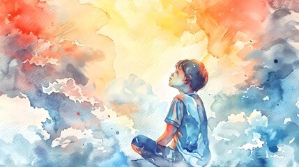Fototapeta premium a young boy looking upwards, dreaming, set against a vivid watercolor background depicting clouds and sunlight. 