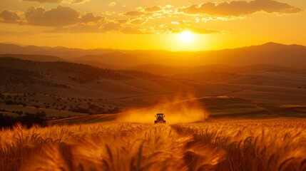 Farmer spraying fertilizer on corn field from tractor under beautiful golden sunset sky