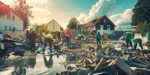 A group of people are working to clean up a flooded area - Powered by Adobe