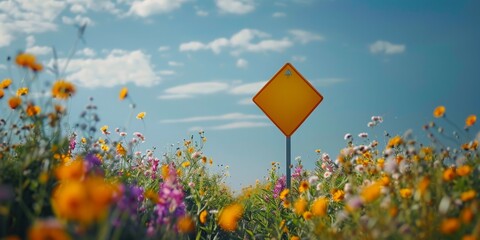 A yellow sign is standing in a field of flowers