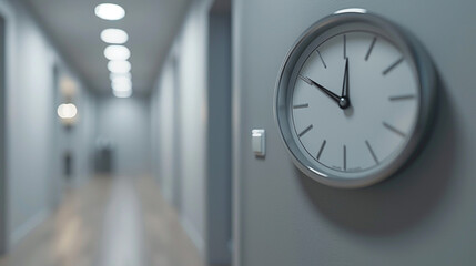 A minimalist, light grey wall with a sleek, digital clock in silver.