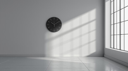 A minimalist, pure white wall with a sleek, modern clock in black.