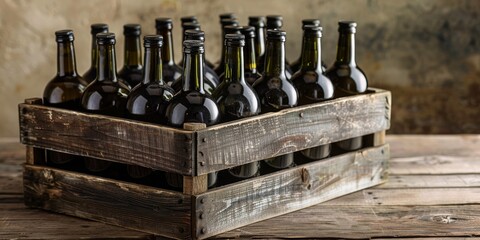A crate full of empty wine bottles sits on a wooden table