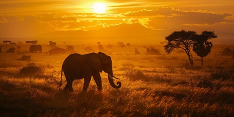 A lone elephant walks through a field of tall grass