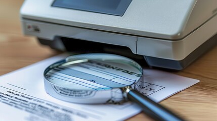 Print house worker inspecting printing quality and color accuracy with magnifying glass