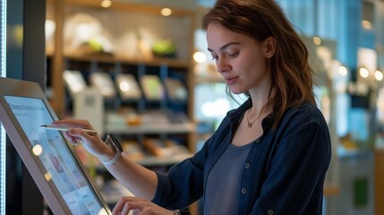 A focused young woman engaging with a digital self-service kiosk in a retail setting.