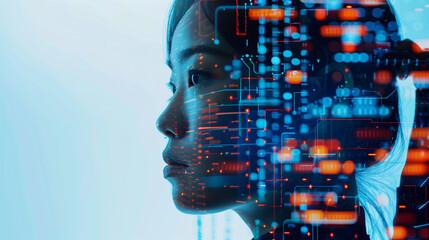 side profile portrait of a young East Asian female worker with a tech pattern overlay, portraying a cyber security analyst of artificial intelligence and the future of ai in the workplace	