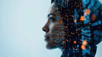 side profile portrait of an Arabian middle eastern female with a tech pattern overlay, portraying a cyber security analyst of artificial intelligence and the future of ai in the UAE workplace