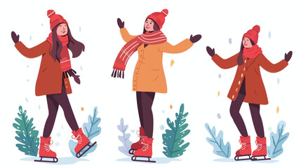 Happy woman in winter clothes and with ice skates on