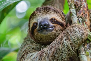 Fototapeta premium Cute Animal Face. Funny Sloth in Costa Rican Rainforest, Wild Portrait of a Cute Sloth hanging on a Tree Branch