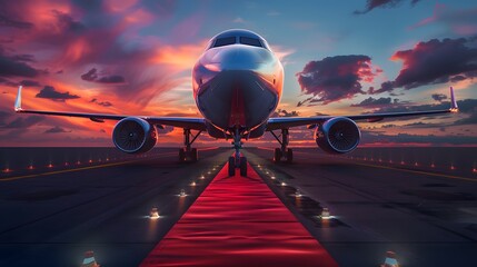 Boarding commercial airplane with red carpet presentation.