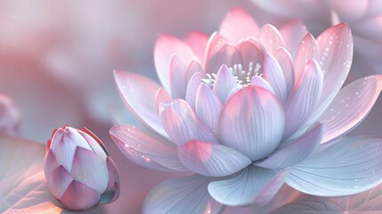 Fototapeta premium Close-up of a lotus flower with buds. Image for wedding invitations. 3D rendering