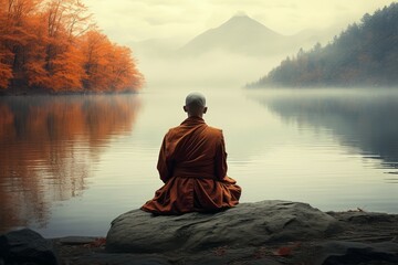 Meditative Monk sitting lake. Holy reflection. Generate Ai