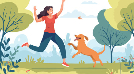 Happy woman with a dog in the park. illustration in f
