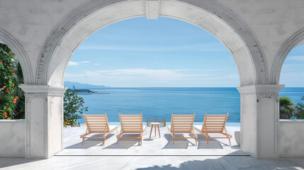 Balcony with sun loungers and sea views through an arch, mediterranean sea landscape