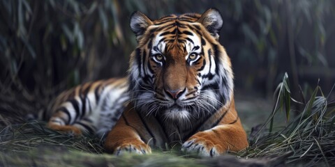 A tiger is laying down in the grass