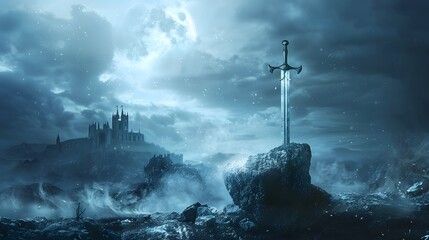 Obraz premium Fantasy background with a sword in a stone with light rays, moon and castle.