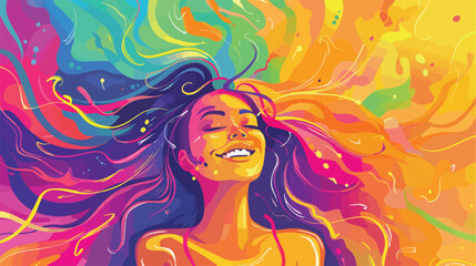 Happy woman with flying rainbow color hair.