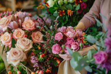 Florist at work: pretty young blond woman making fashion modern bouquet of different flowers
