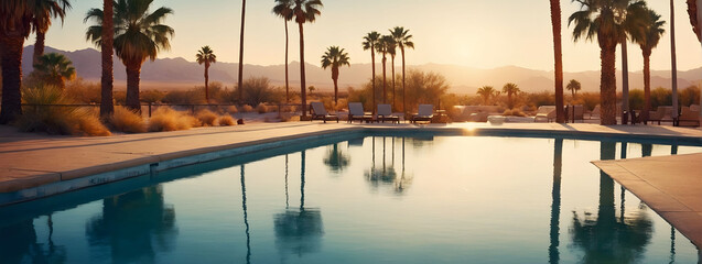 the beauty of a desert oasis, with palm trees swaying in the breeze and a tranquil pool of water reflecting the warm hues of sunset in a vintage aesthetic.