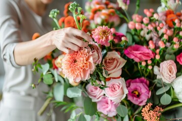 Florist at work: pretty young blond woman making fashion modern bouquet of different flowers
