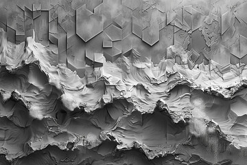 A grayscale abstract depicting hexagonal waves crashing against a textured, stormy gray shoreline