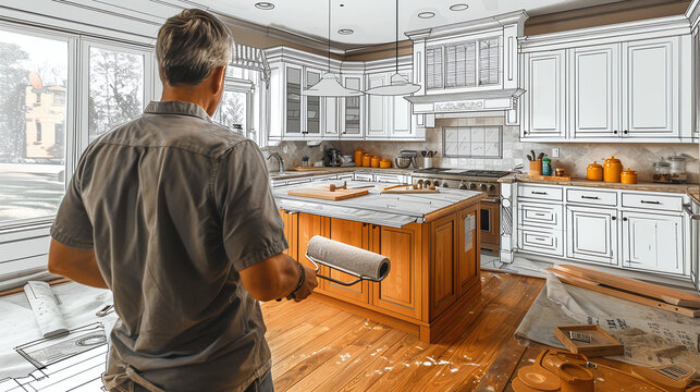 Before and after man painting roller to reveal newly remodeled kitchen under pencil drawing plans