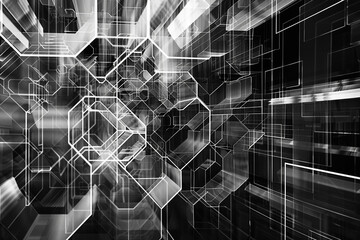 A grayscale abstraction featuring hexagonal wireframes intersecting against a dark, metallic backdrop, symbolizing the interconnectedness of digital realms