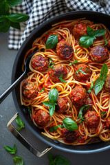 A large pan of spaghetti and meatballs