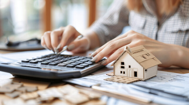 close-up of woman using calculator for house renovation budgeting calculation, cost of construction