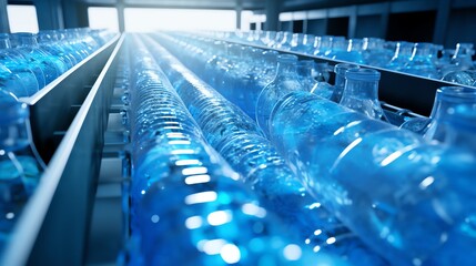 Bottling plant. Rows of filled water bottles moving along the production line. Automated industrial manufacturing process. - Powered by Adobe