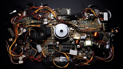 A circuit board with a variety of electronic components, including a speaker, capacitors, and resistors.