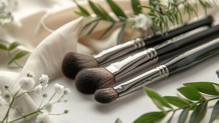 Simple and elegant makeup brushes arranged on a clean, white surface with a touch of greenery.