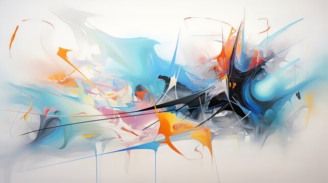 An abstract painting with vibrant blues, greens, and yellows. The brushstrokes are thick and expressive, and the overall effect is one of energy and movement.