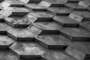 A grayscale composition featuring hexagonal metal mesh panels overlapping on an industrial, slate-gray surface, evoking a sense of urban modernity