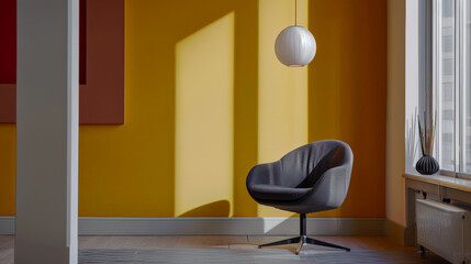 Elegant modern interiors in bold colors bathed with natural window light. Interior design minimalist composition.